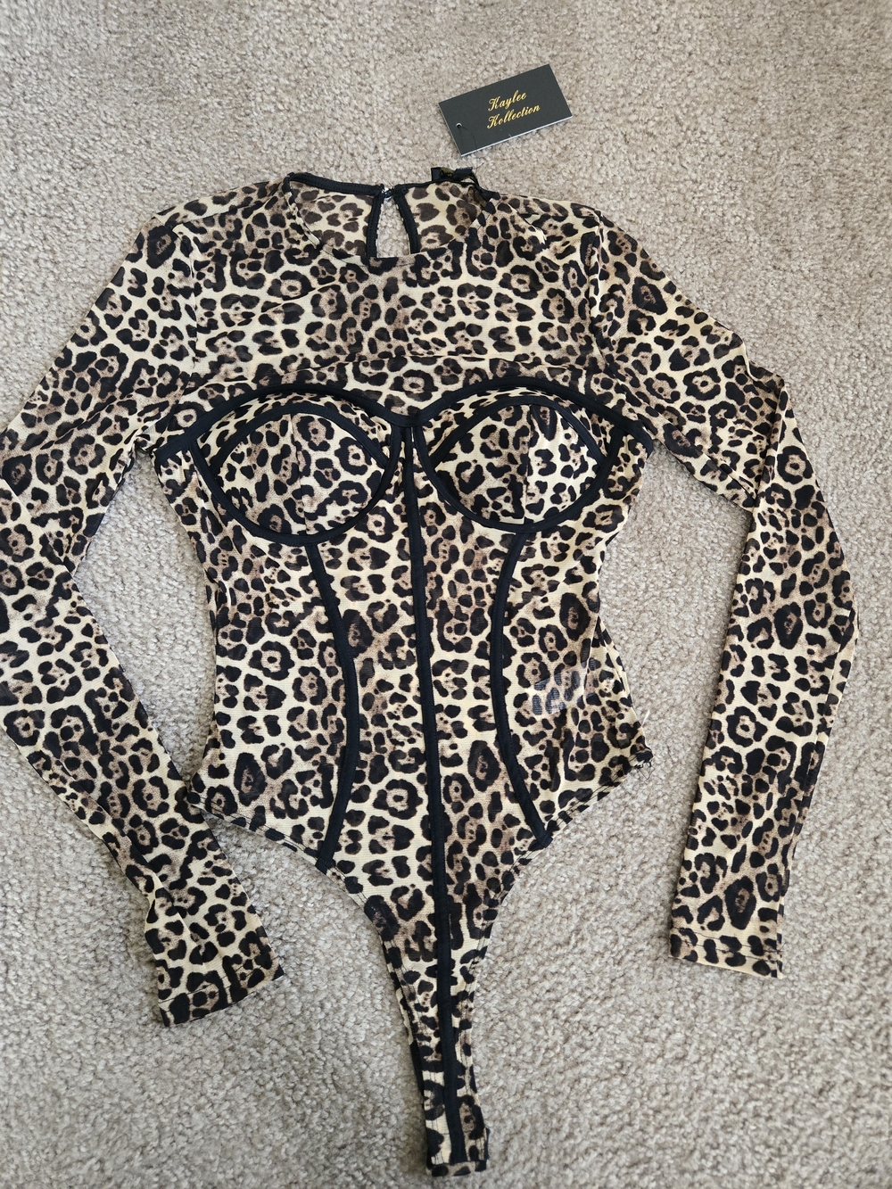 Leopard Print Long-Sleeve Bodysuit with Contrast Trim - Tan/Black
